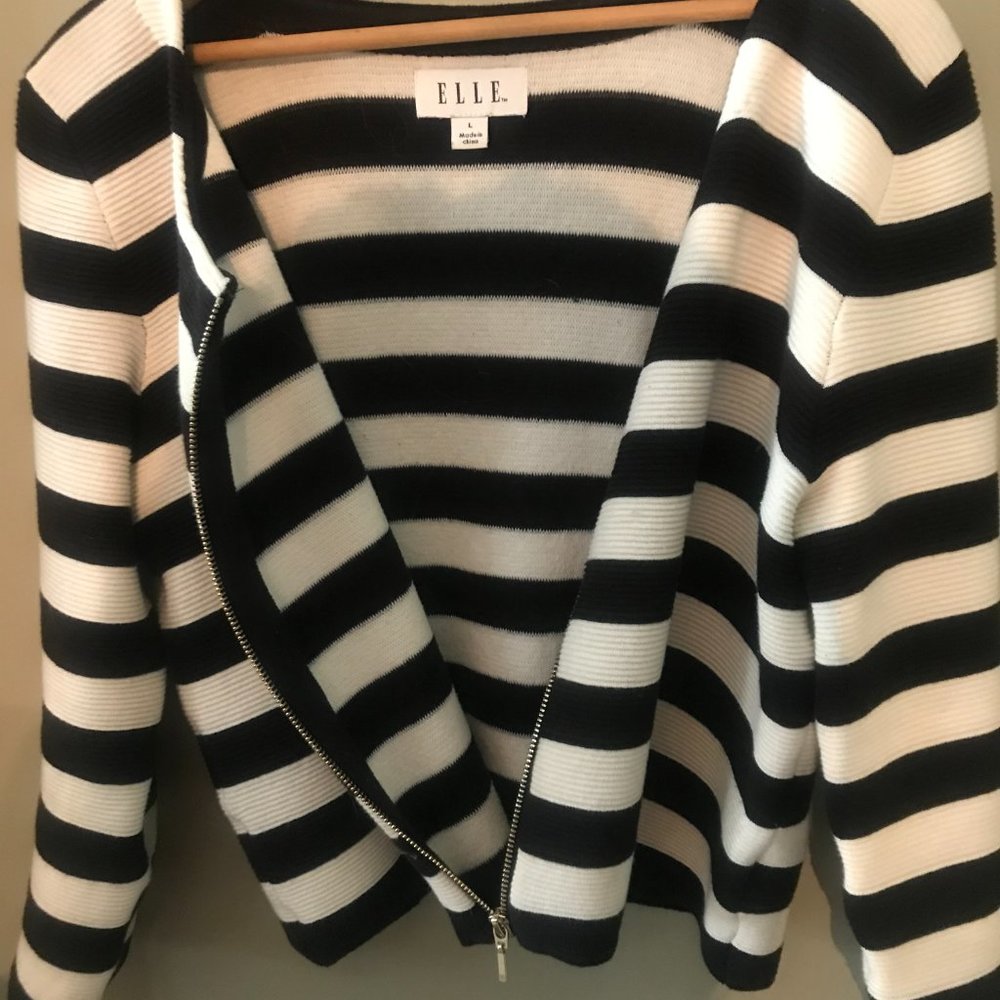 MidCentury Style Black and White Striped Sweater w/Brass Zipper; Large; By Elle